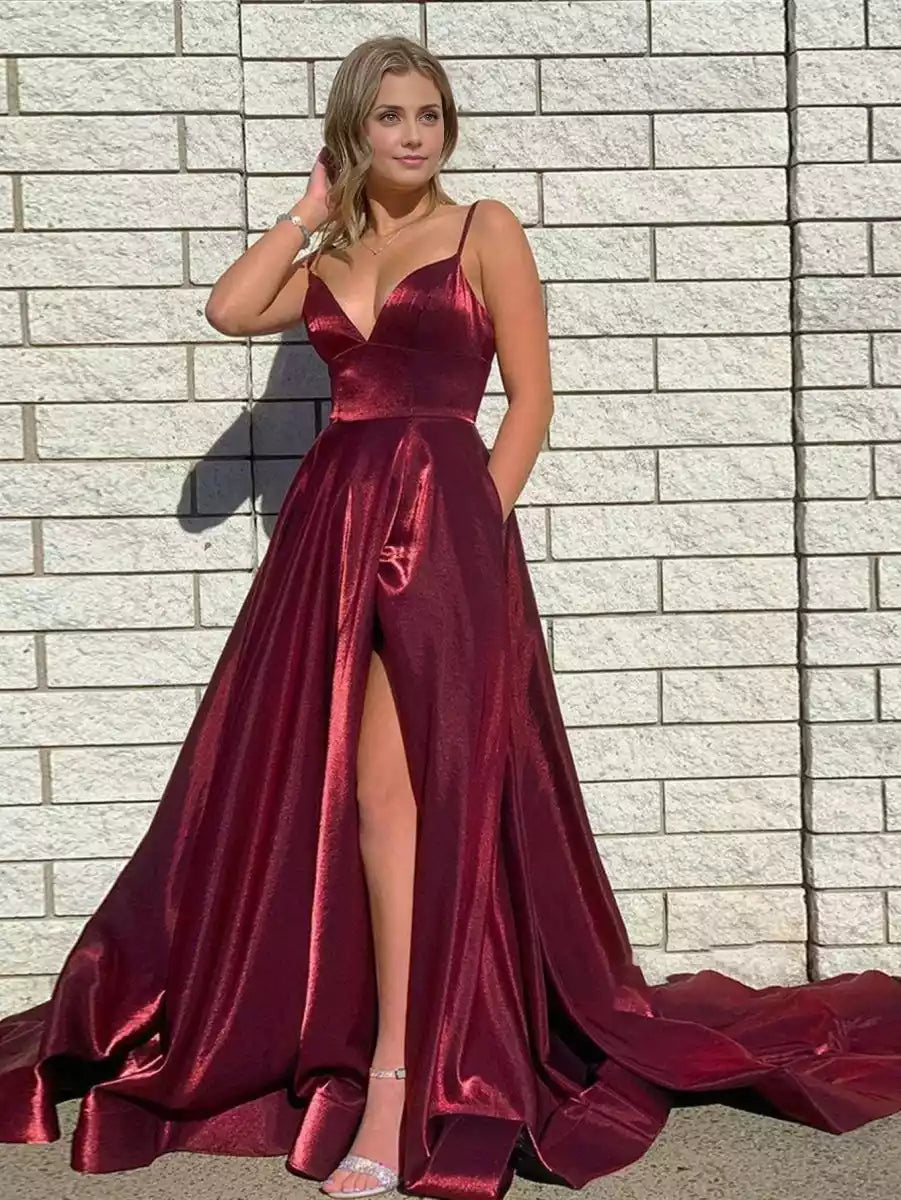 Elegant A-line satin thin shoulder strap with pleated neckline, sequins, slit and sleeveless lace up back Prom Dresses