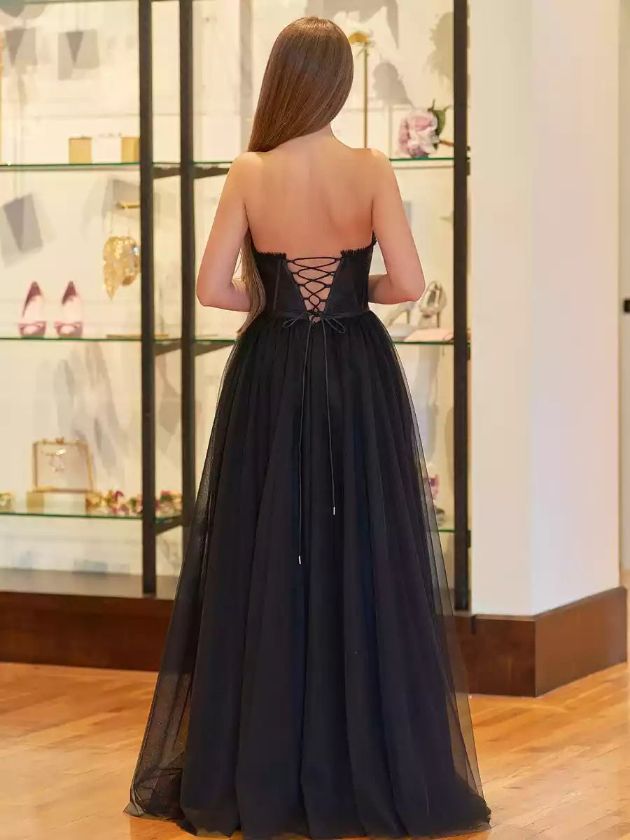 Elegant A-line sheer and heart-shaped neckline with sleeveless lace corset and slit lace back Prom Dresses
