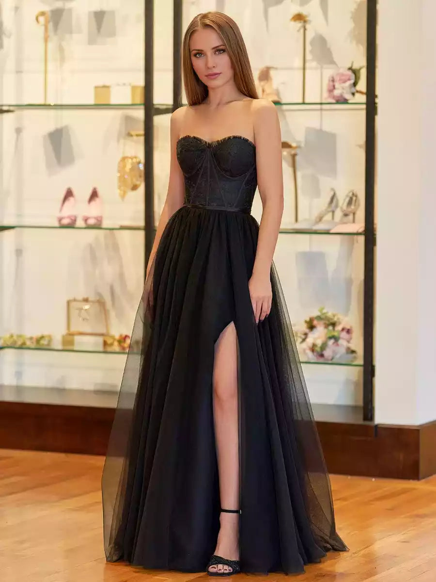 Elegant A-line sheer and heart-shaped neckline with sleeveless lace corset and slit lace back Prom Dresses