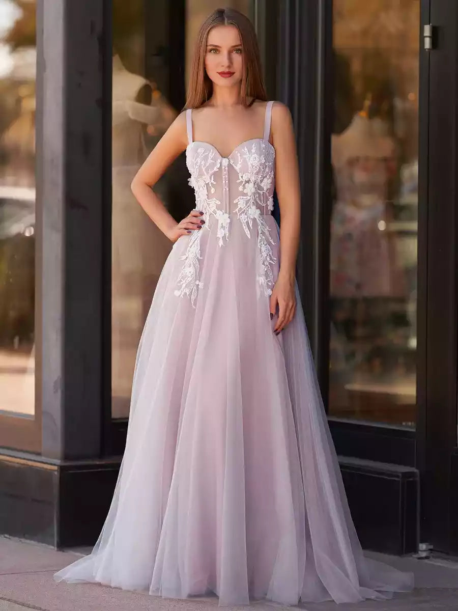 Elegant A-line sheer and heart-shaped neckline with sleeveless lace decals and beaded zippered back Prom Dresses