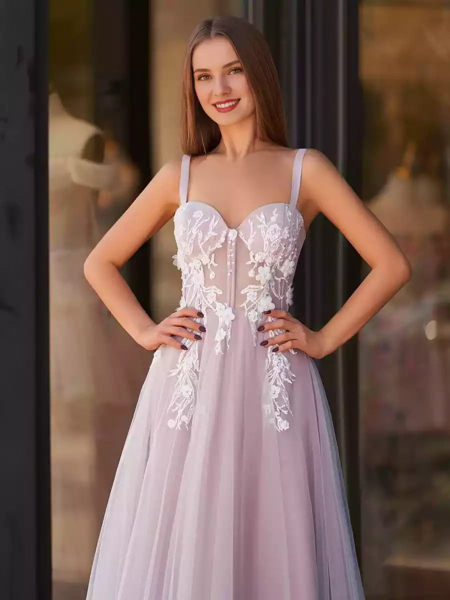 Elegant A-line sheer and heart-shaped neckline with sleeveless lace decals and beaded zippered back Prom Dresses