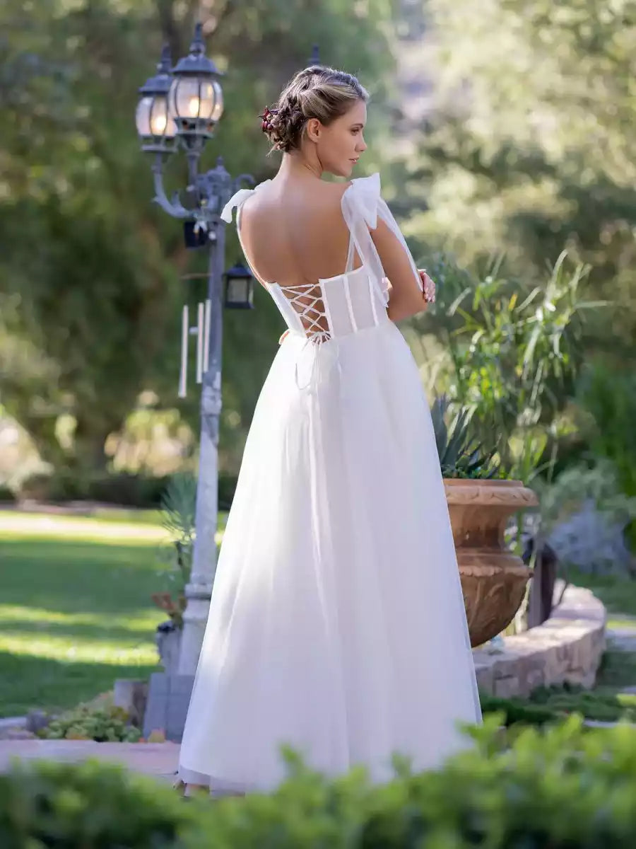 Elegant A-line sheer fabric with heart-shaped neckline, thin shoulder straps, butterfly tie straps, back Prom Dresses