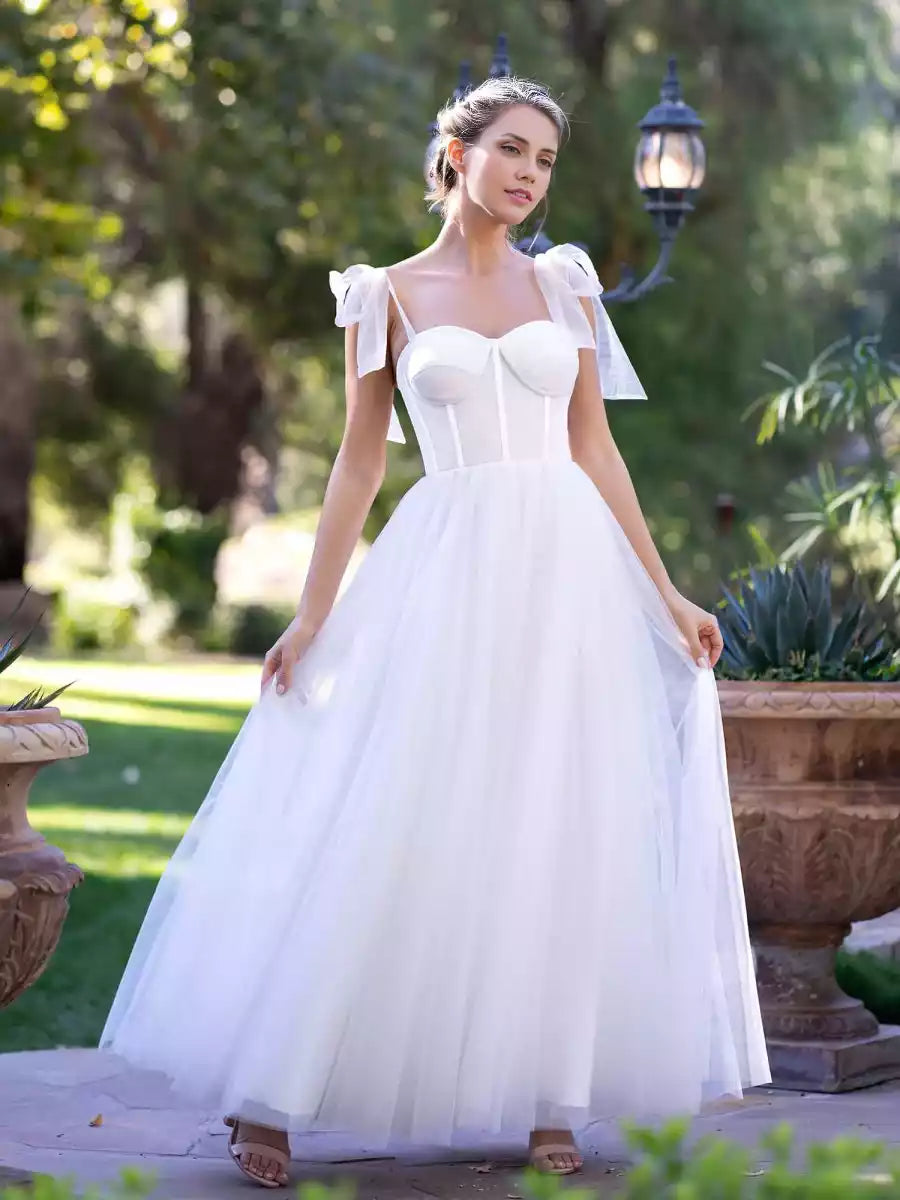 Elegant A-line sheer fabric with heart-shaped neckline, thin shoulder straps, butterfly tie straps, back Prom Dresses