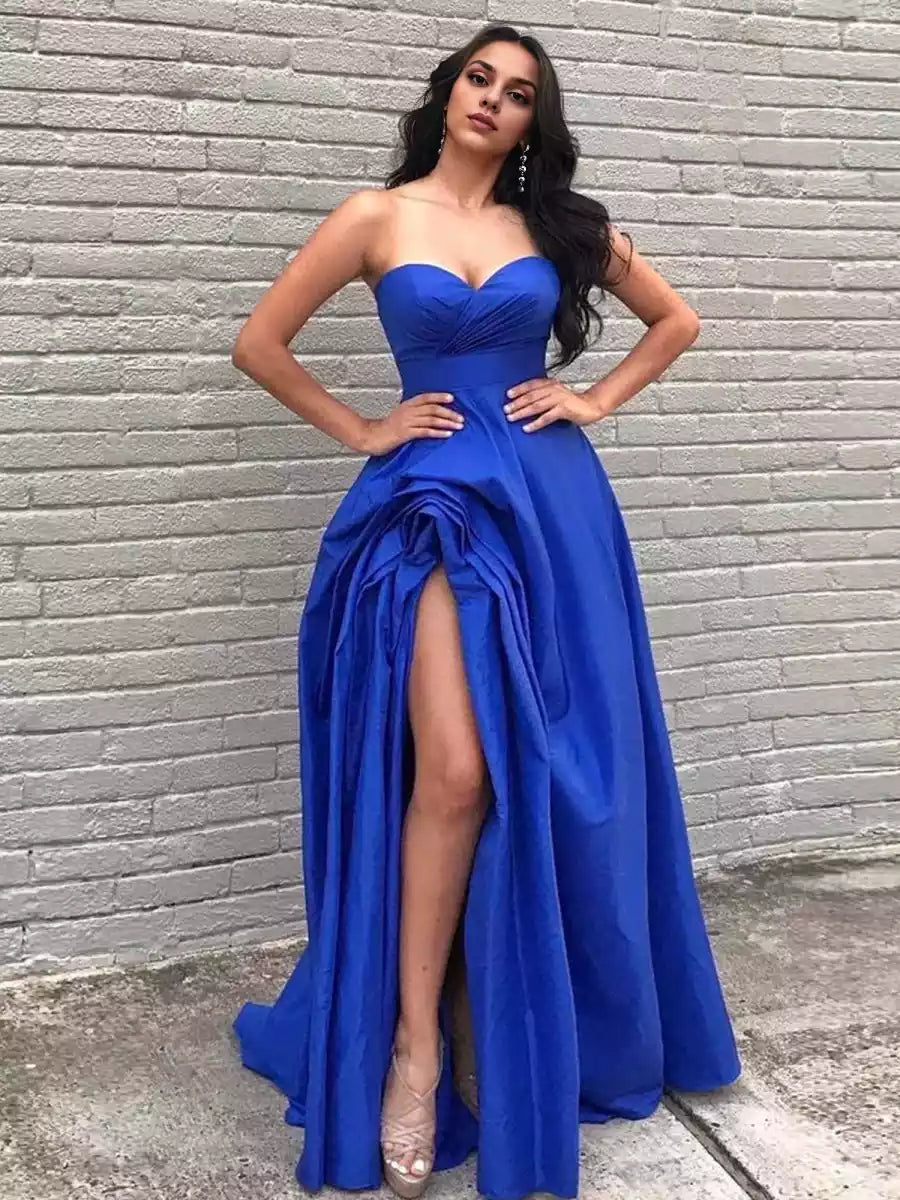 Elegant A-line sweetheart satin slit long heart-shaped collar sleeveless ruffle lace up back Prom Dresses