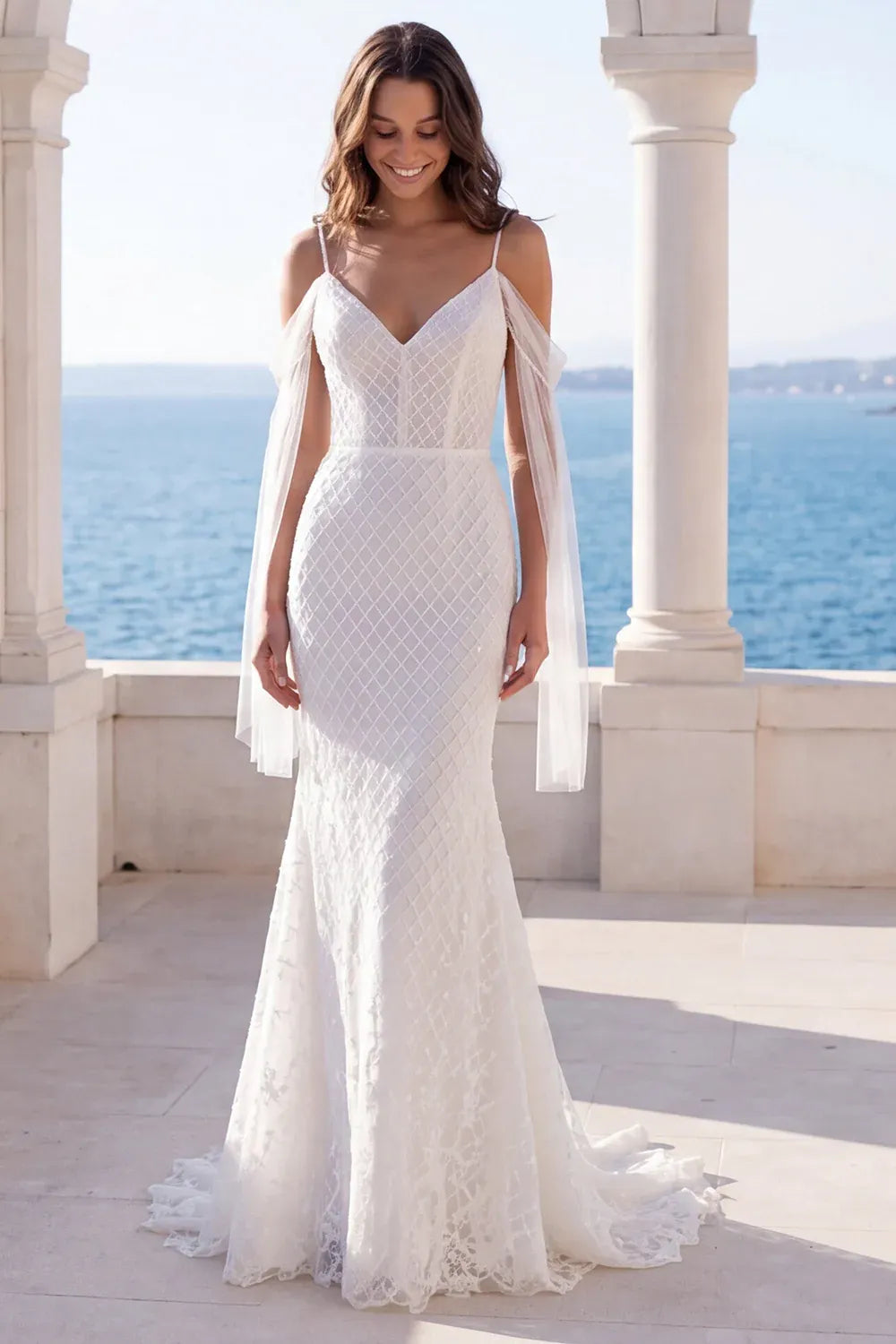 Elegant Cold-Shoulder Diamond Beaded Mermaid Ankle-Length Wedding Dress with Tulle Sleeves