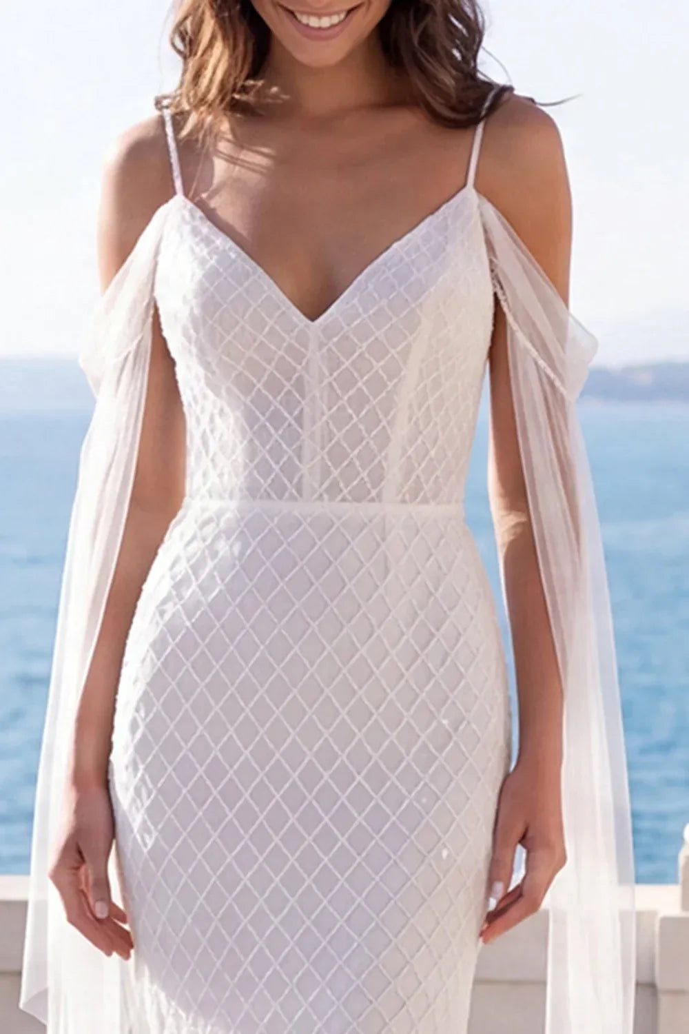 Elegant Cold-Shoulder Diamond Beaded Mermaid Ankle-Length Wedding Dress with Tulle Sleeves