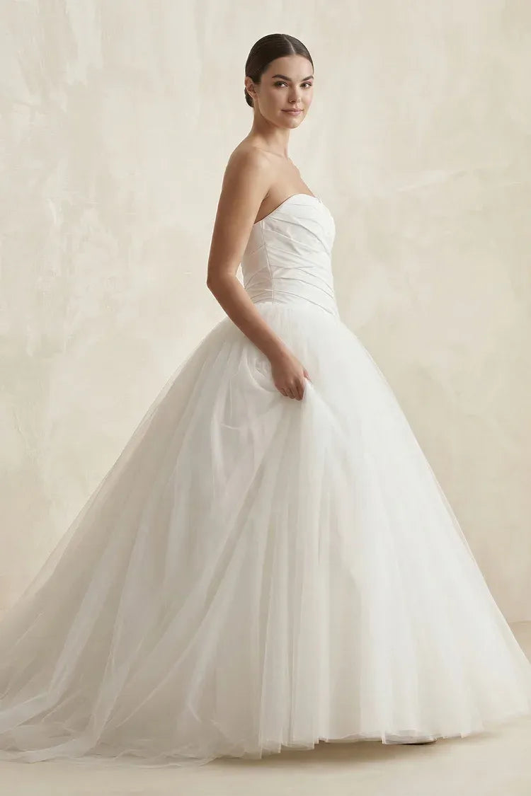 Elegant Gorgeous Off-the-Shoulder Strapless Ruched Satin Ball Gown Floor-Length Wedding Dress