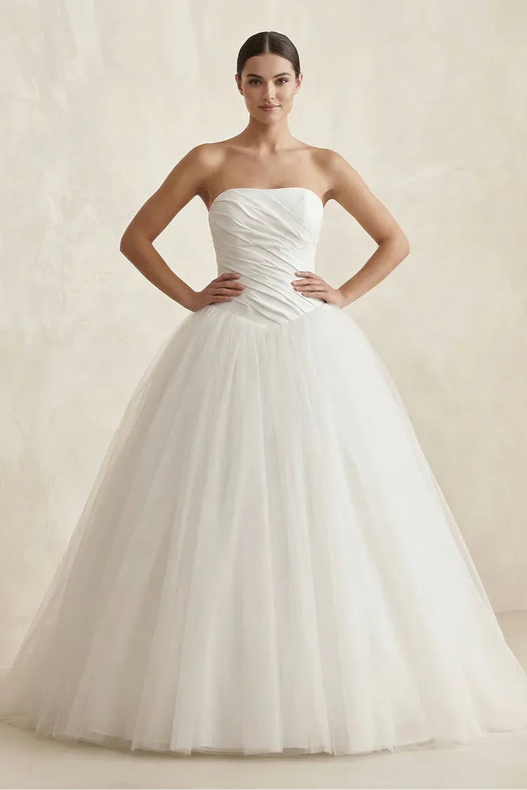 Elegant Gorgeous Off-the-Shoulder Strapless Ruched Satin Ball Gown Floor-Length Wedding Dress