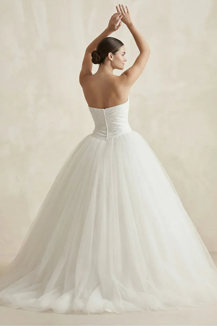Elegant Gorgeous Off-the-Shoulder Strapless Ruched Satin Ball Gown Floor-Length Wedding Dress