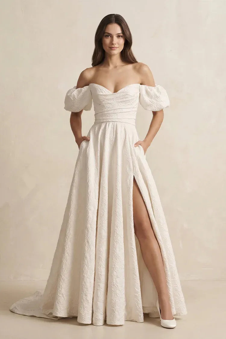 Elegant Gorgeous Off-the-Shoulder Textured Ball Gown Floor-Length Wedding Dress with Puff Sleeves