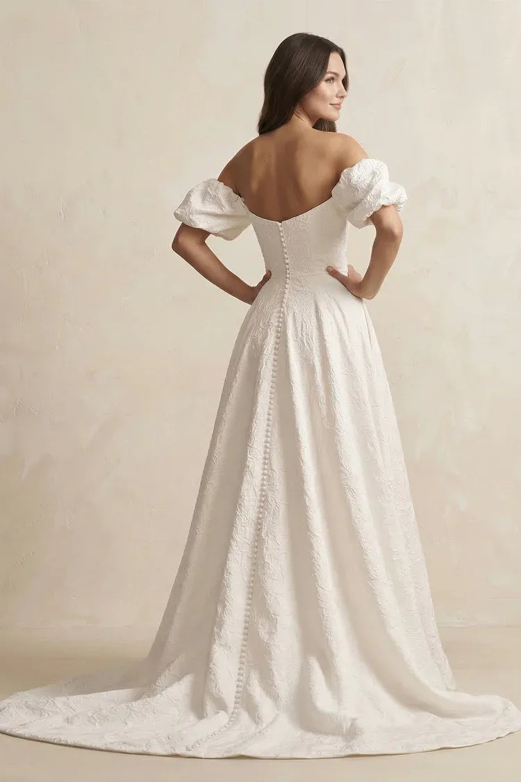 Elegant Gorgeous Off-the-Shoulder Textured Ball Gown Floor-Length Wedding Dress with Puff Sleeves