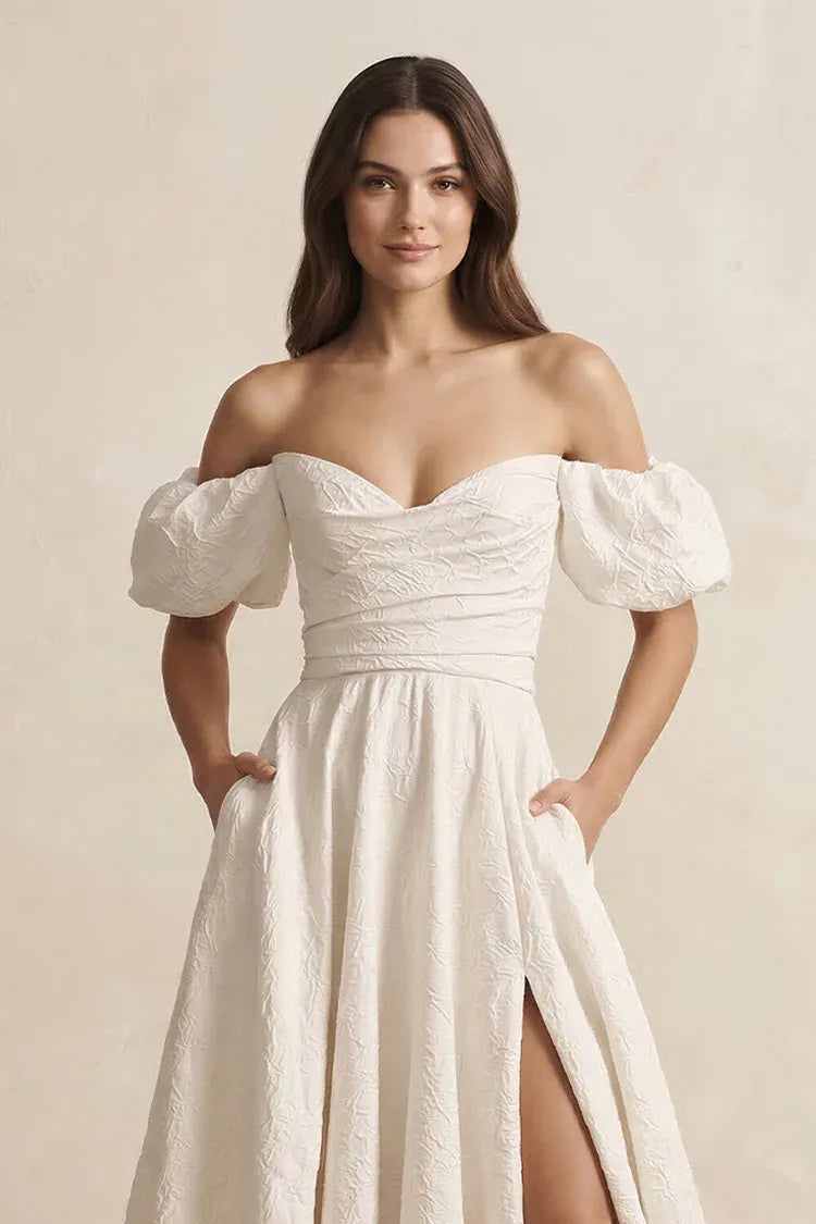 Elegant Gorgeous Off-the-Shoulder Textured Ball Gown Floor-Length Wedding Dress with Puff Sleeves