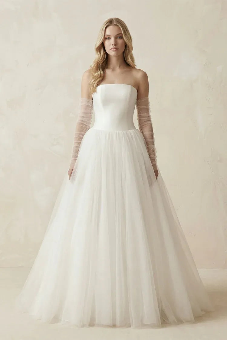 Elegant Gorgeous Strapless Tulle Ball Gown Wedding Dress with Detachable Sheer Sleeves