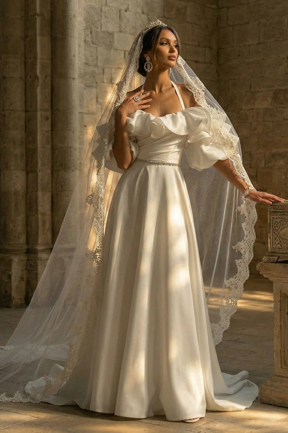Elegant Halter Neck Off The Shoulder Ruffled Puff Sleeve Beaded Waist Satin A Line Wedding Dress