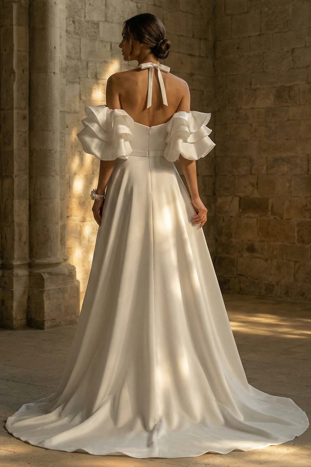Elegant Halter Neck Off The Shoulder Ruffled Puff Sleeve Beaded Waist Satin A Line Wedding Dress