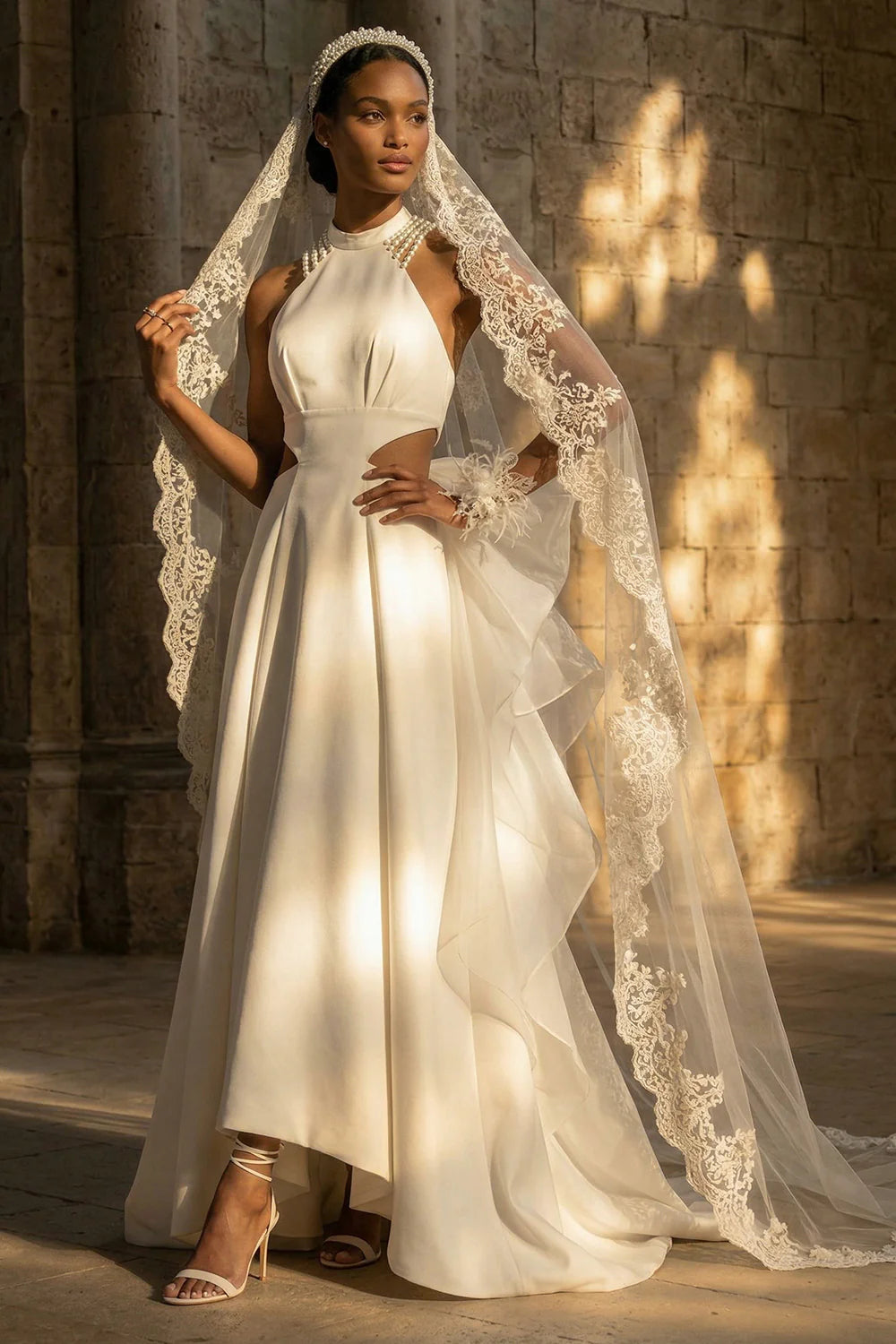 Elegant Halter Neck Pearl Beaded Backless Ruffled Bow Cutout Satin Wedding Dress