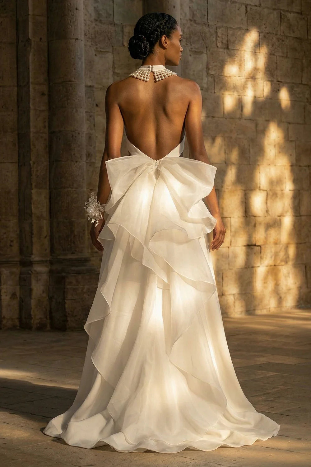 Elegant Halter Neck Pearl Beaded Backless Ruffled Bow Cutout Satin Wedding Dress