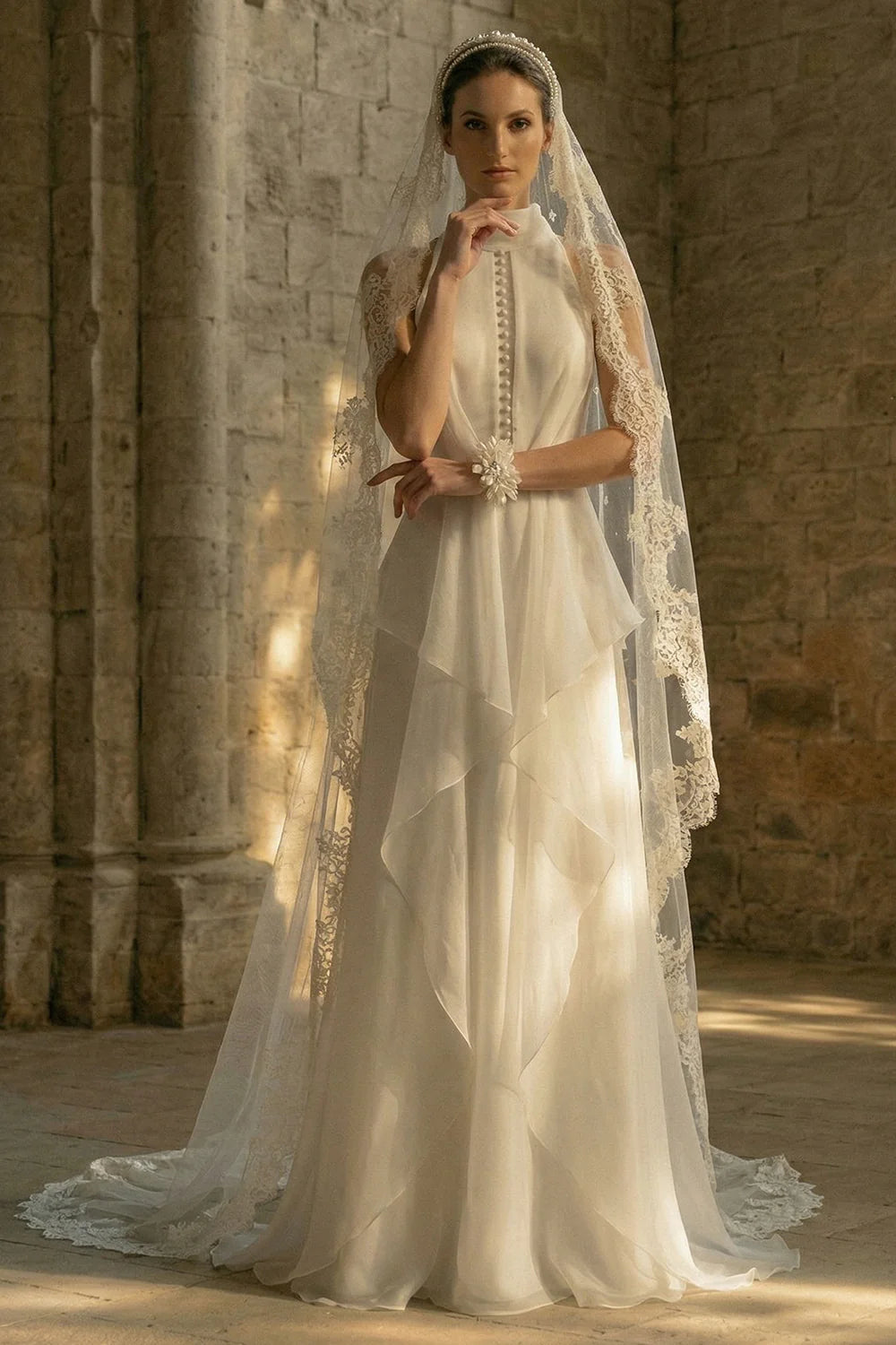 Elegant Halter Neck Pearl Button Back Cowl Drape Ruffled Chiffon Wedding Dress