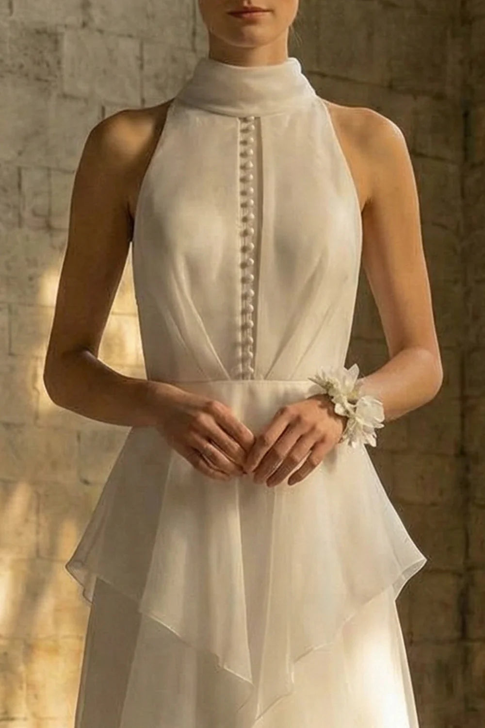 Elegant Halter Neck Pearl Button Back Cowl Drape Ruffled Chiffon Wedding Dress
