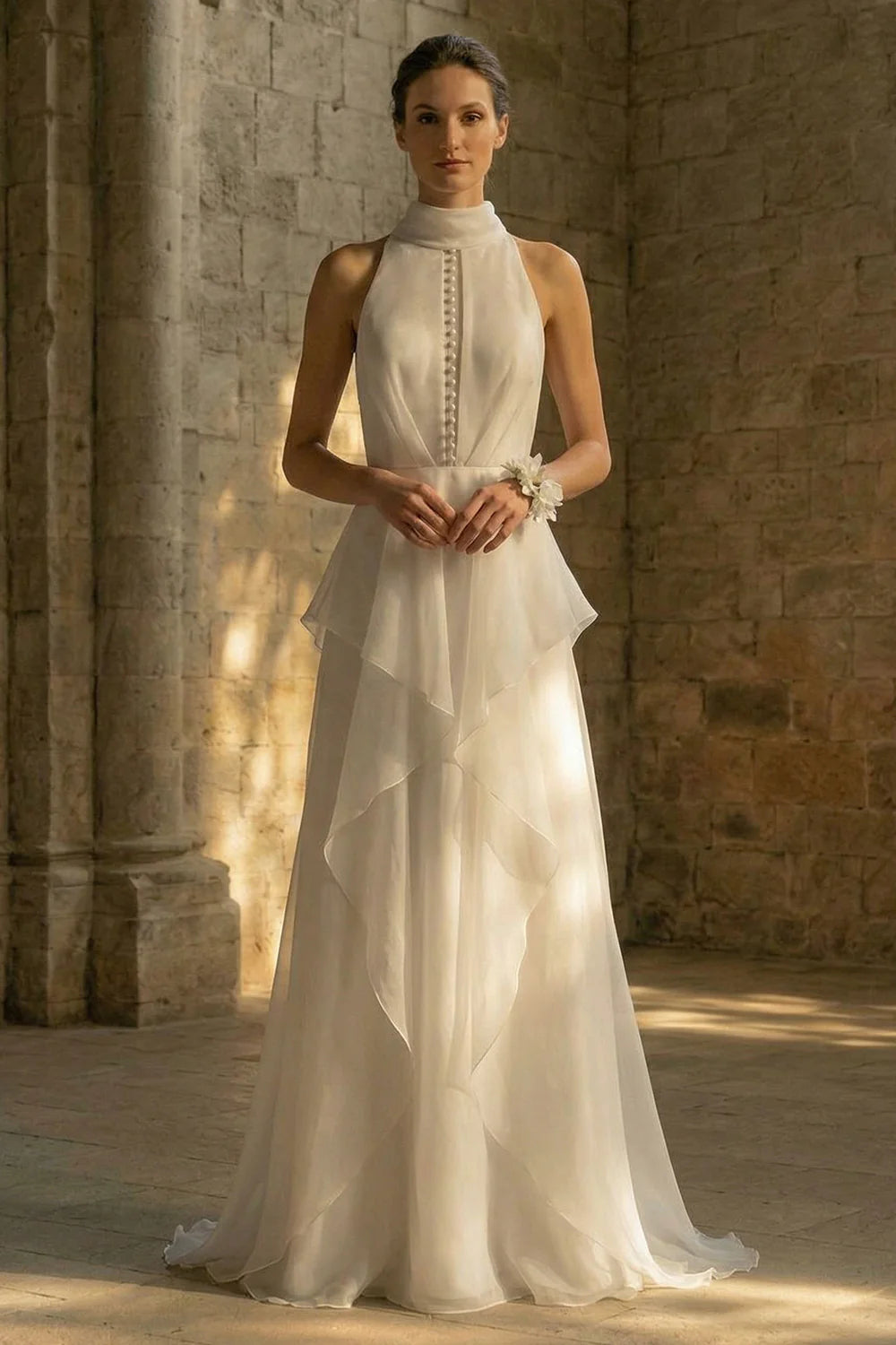 Elegant Halter Neck Pearl Button Back Cowl Drape Ruffled Chiffon Wedding Dress