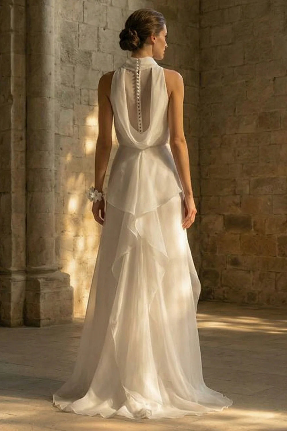 Elegant Halter Neck Pearl Button Back Cowl Drape Ruffled Chiffon Wedding Dress