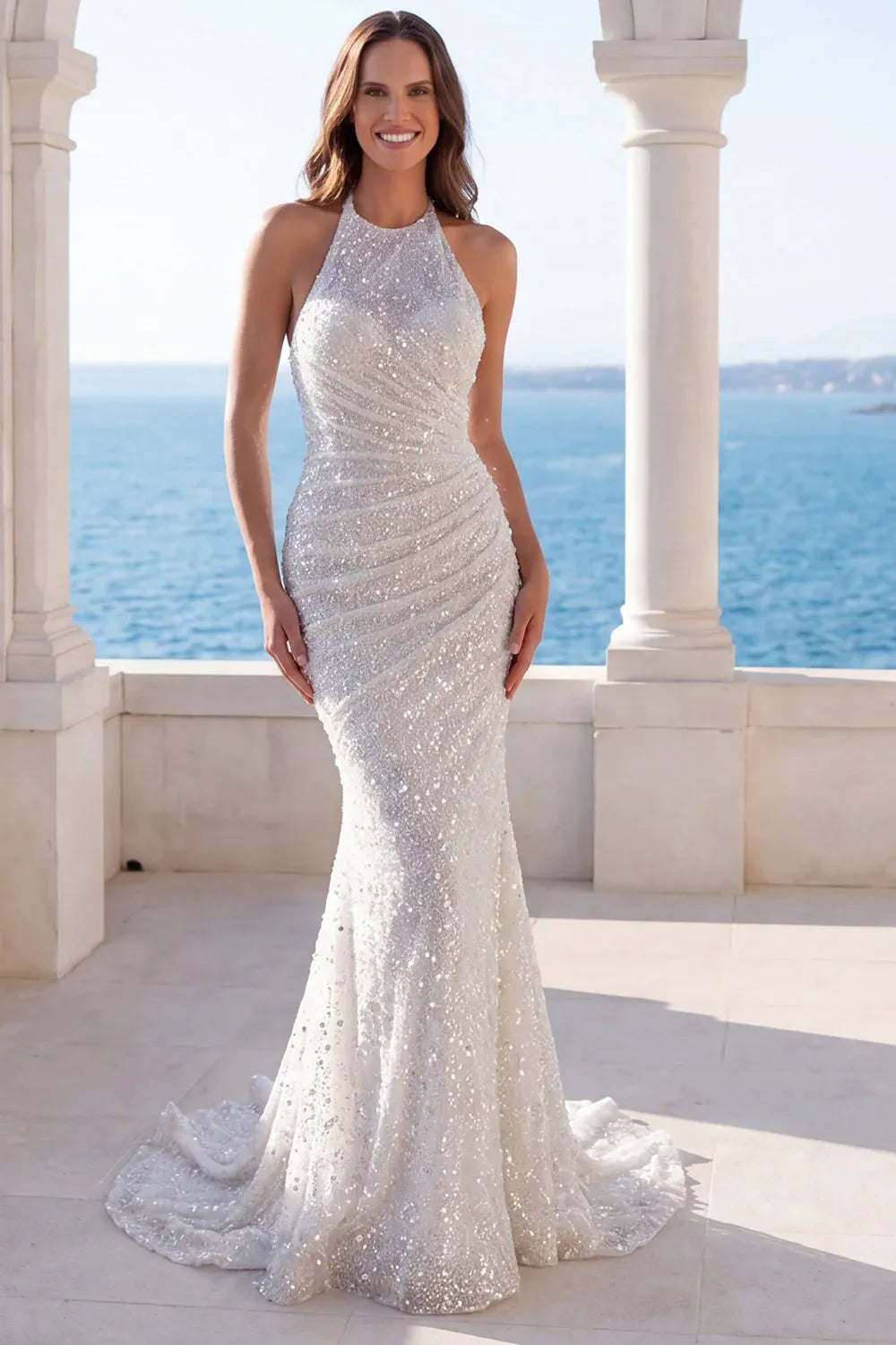 Elegant Modern Halter Neck Sequin Ruched Mermaid Sleeveless Brush Train Wedding Dress