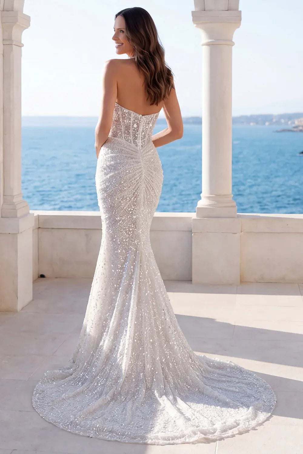Elegant Modern Halter Neck Sequin Ruched Mermaid Sleeveless Brush Train Wedding Dress