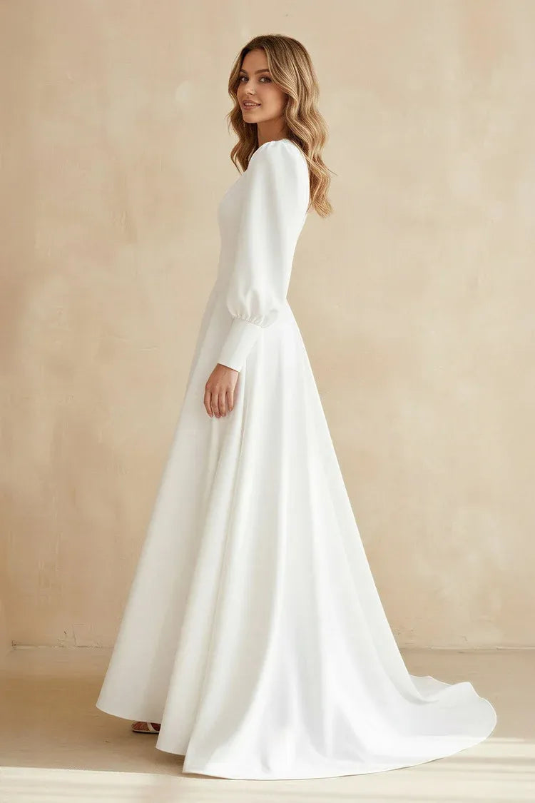 Elegant Modern Long Puff Sleeve A-Line Crepe Wedding Dress with Button Back Ankle-Length Wedding Dress with Slit