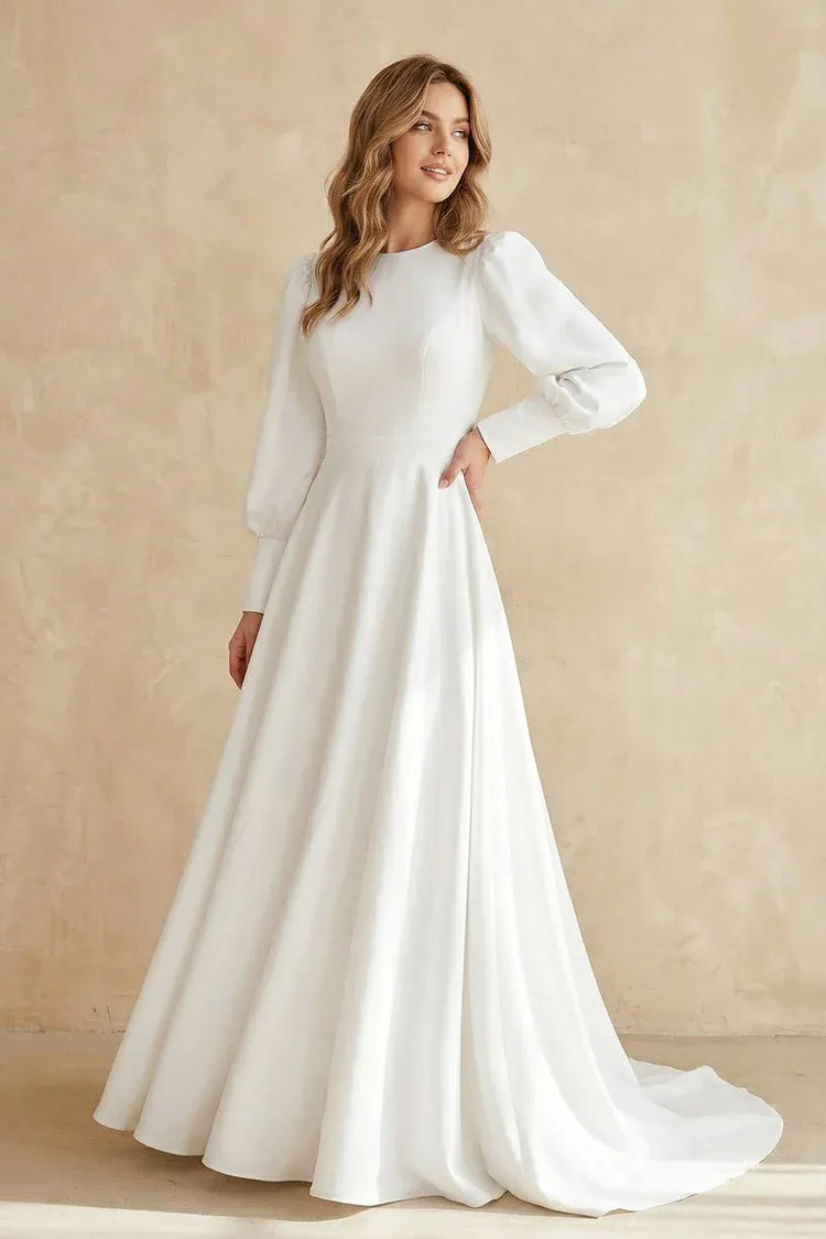 Elegant Modern Long Puff Sleeve A-Line Crepe Wedding Dress with Button Back Ankle-Length Wedding Dress with Slit