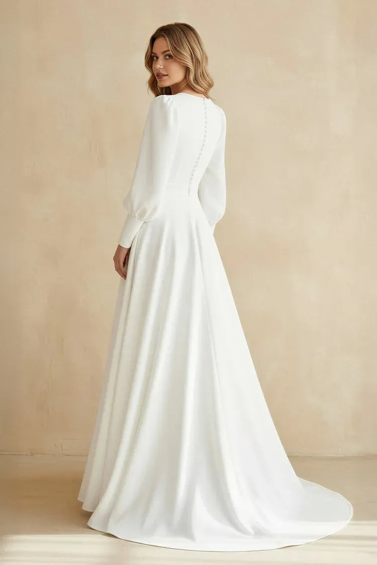 Elegant Modern Long Puff Sleeve A-Line Crepe Wedding Dress with Button Back Ankle-Length Wedding Dress with Slit