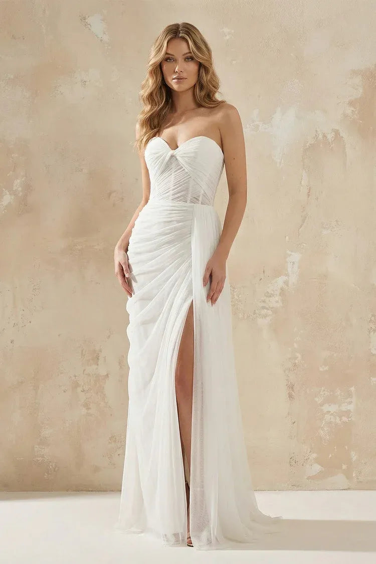 Elegant Modern Off the Shoulder Strapless Sweetheart Tulle Mermaid Ankle-Length Wedding Dress with Sli