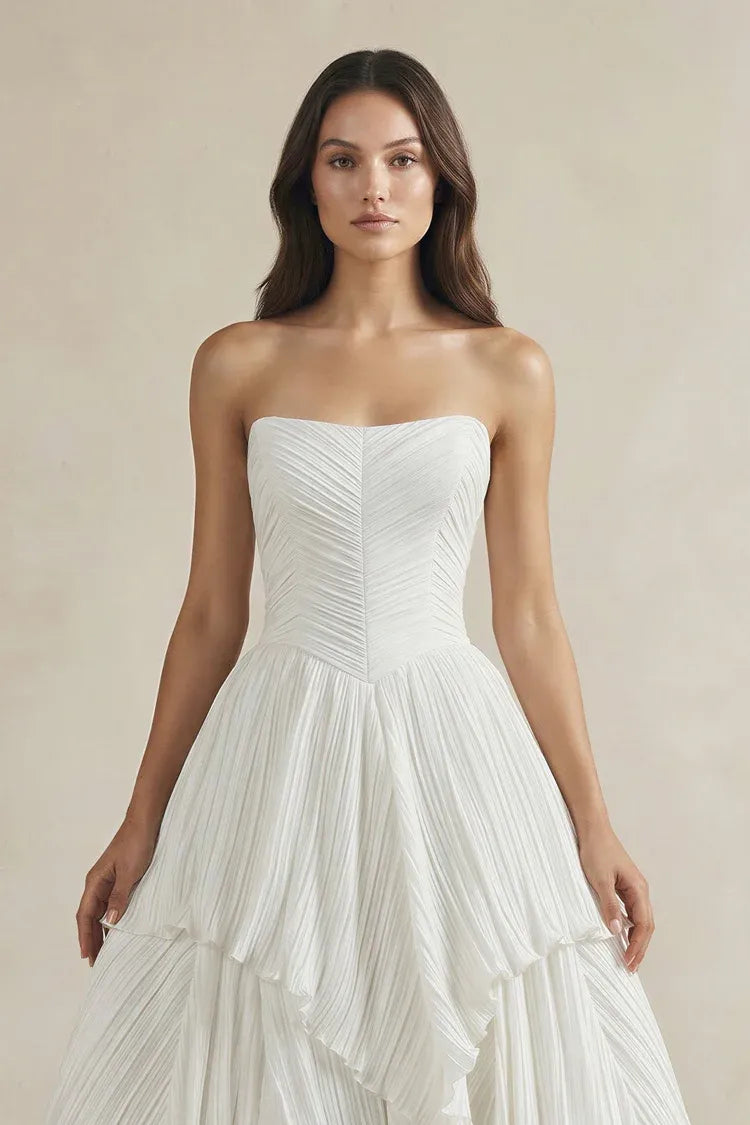Elegant Modern Strapless Pleated Tiered A-Line Ankle-Length Sleeveless Wedding Dress with Corset Back