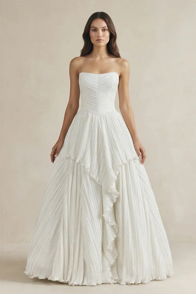 Elegant Modern Strapless Pleated Tiered A-Line Ankle-Length Sleeveless Wedding Dress with Corset Back