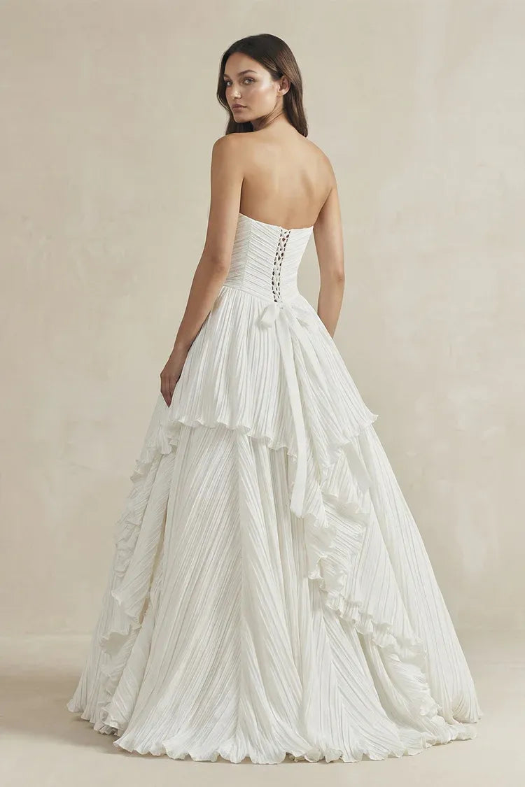 Elegant Modern Strapless Pleated Tiered A-Line Ankle-Length Sleeveless Wedding Dress with Corset Back