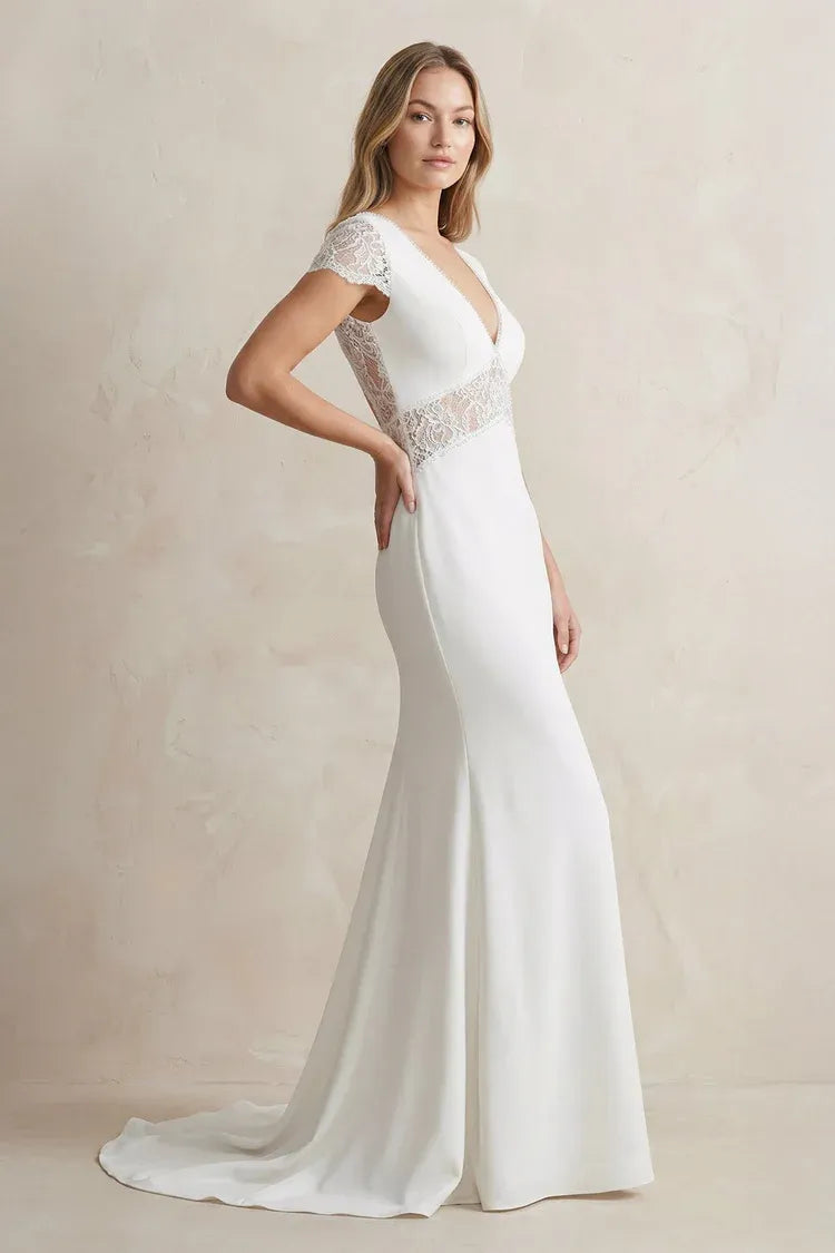 Elegant Modern V-Neck Cap Sleeve Crepe Mermaid Ankle-Length Wedding Dress with Lace Waist Detail