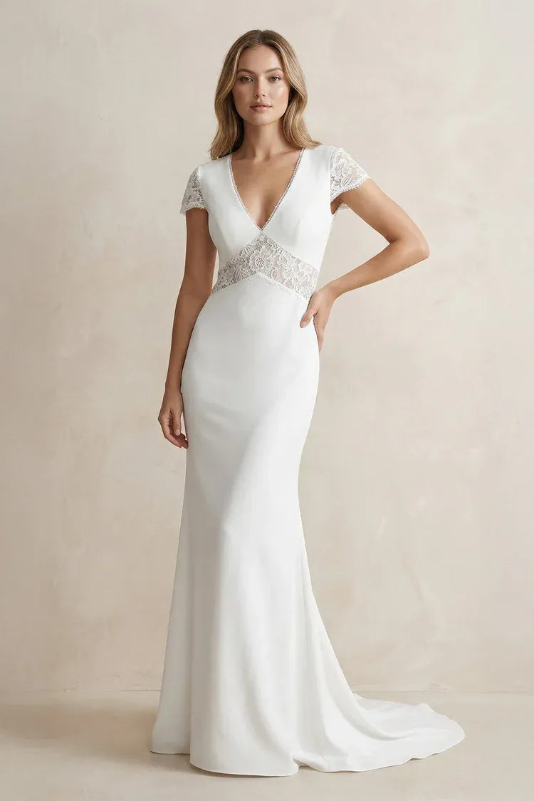 Elegant Modern V-Neck Cap Sleeve Crepe Mermaid Ankle-Length Wedding Dress with Lace Waist Detail