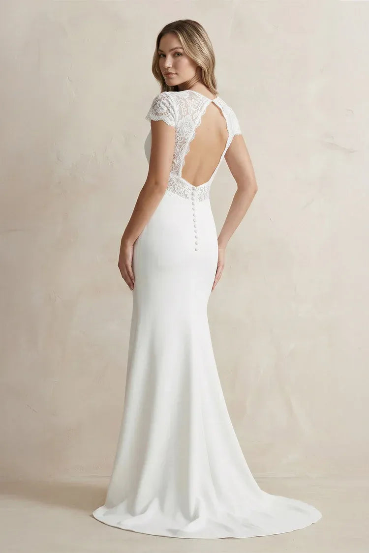 Elegant Modern V-Neck Cap Sleeve Crepe Mermaid Ankle-Length Wedding Dress with Lace Waist Detail
