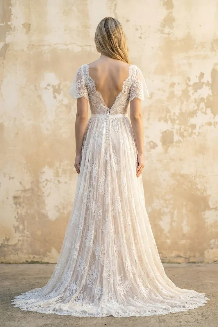Elegant Modern V-Neck Flutter Sleeve Lace A-Line Ankle-Length Wedding Dress with Blush Lining