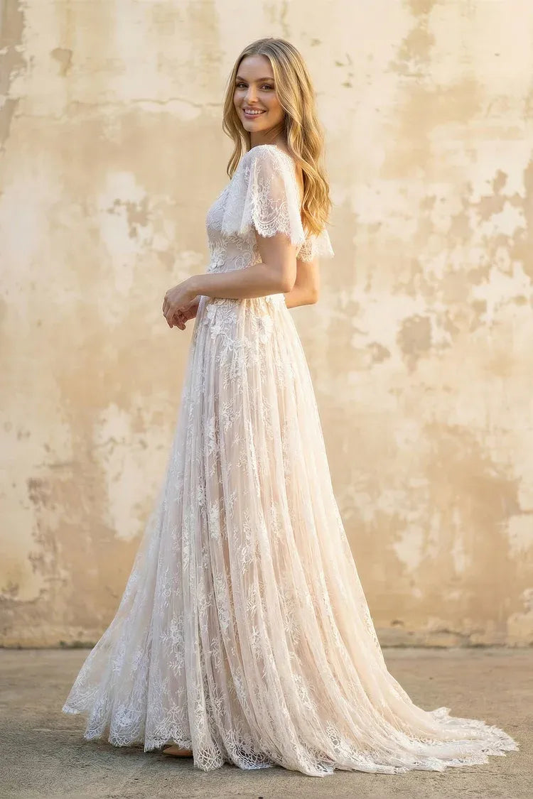 Elegant Modern V-Neck Flutter Sleeve Lace A-Line Ankle-Length Wedding Dress with Blush Lining