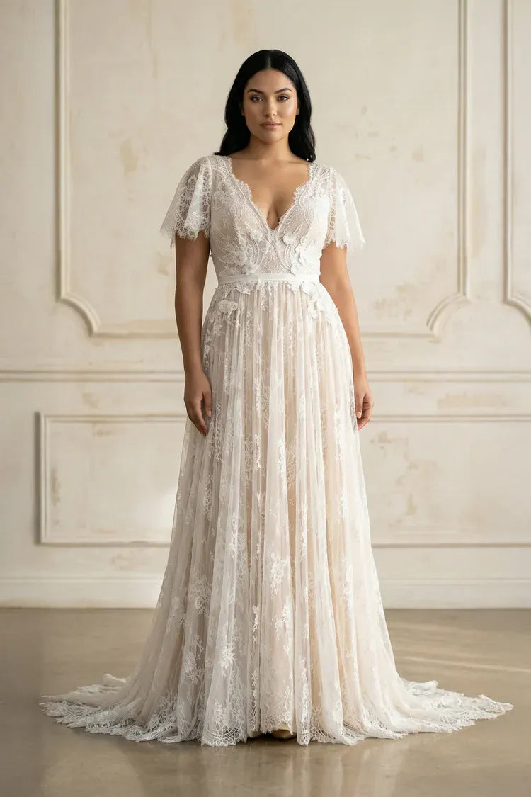 Elegant Modern V-Neck Flutter Sleeve Lace A-Line Ankle-Length Wedding Dress with Blush Lining