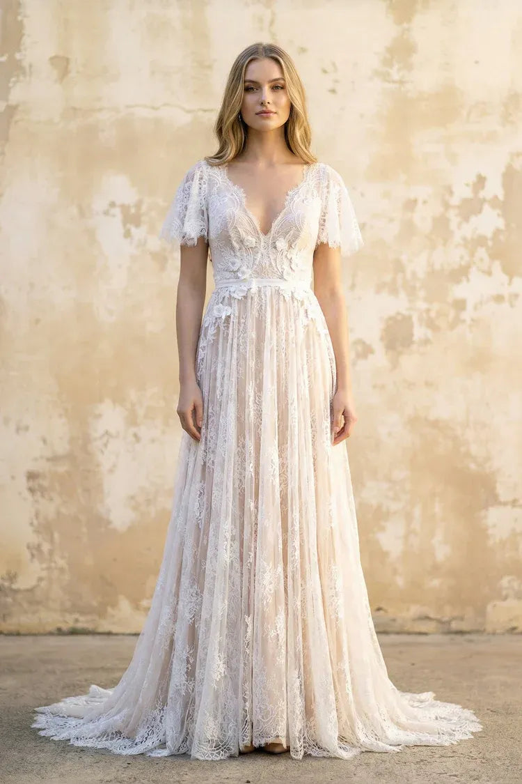 Elegant Modern V-Neck Flutter Sleeve Lace A-Line Ankle-Length Wedding Dress with Blush Lining