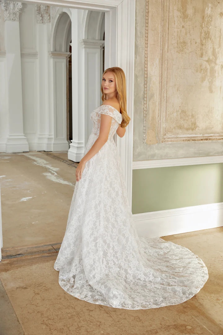 Elegant Off The Shoulder Deep V Neck Sheer Lace A Line Wedding Dress