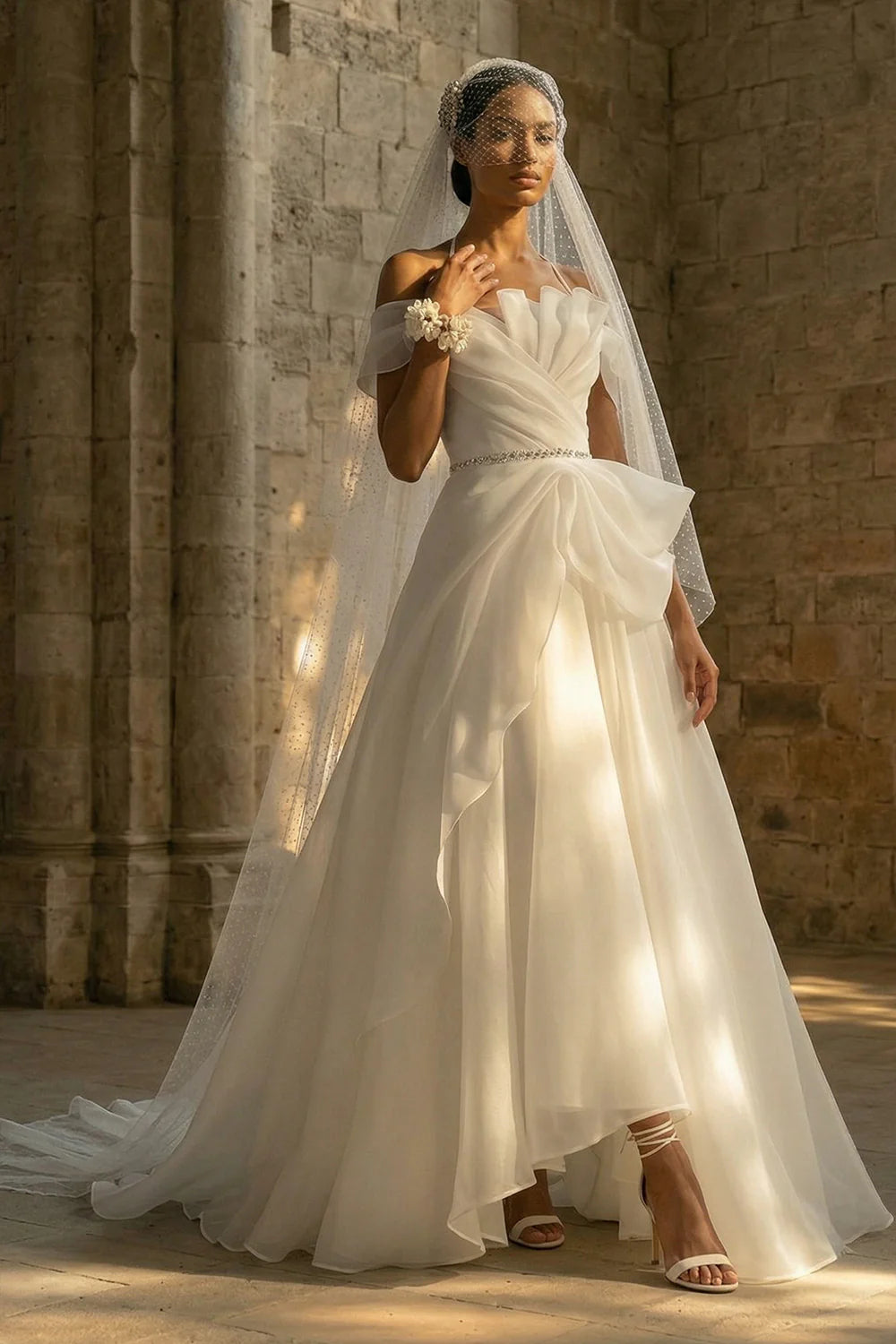 Elegant Off The Shoulder Halter Neck Beaded Waist Ruffled Tulle A Line Wedding Dress
