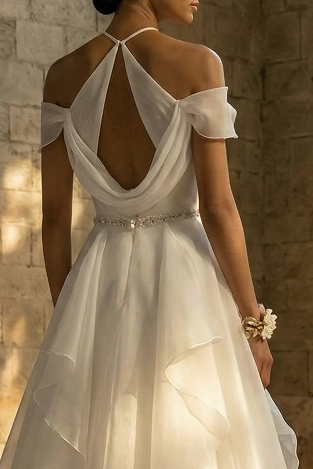 Elegant Off The Shoulder Halter Neck Beaded Waist Ruffled Tulle A Line Wedding Dress