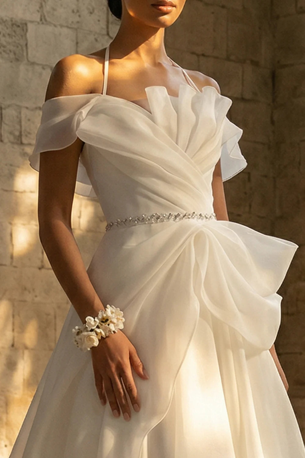 Elegant Off The Shoulder Halter Neck Beaded Waist Ruffled Tulle A Line Wedding Dress