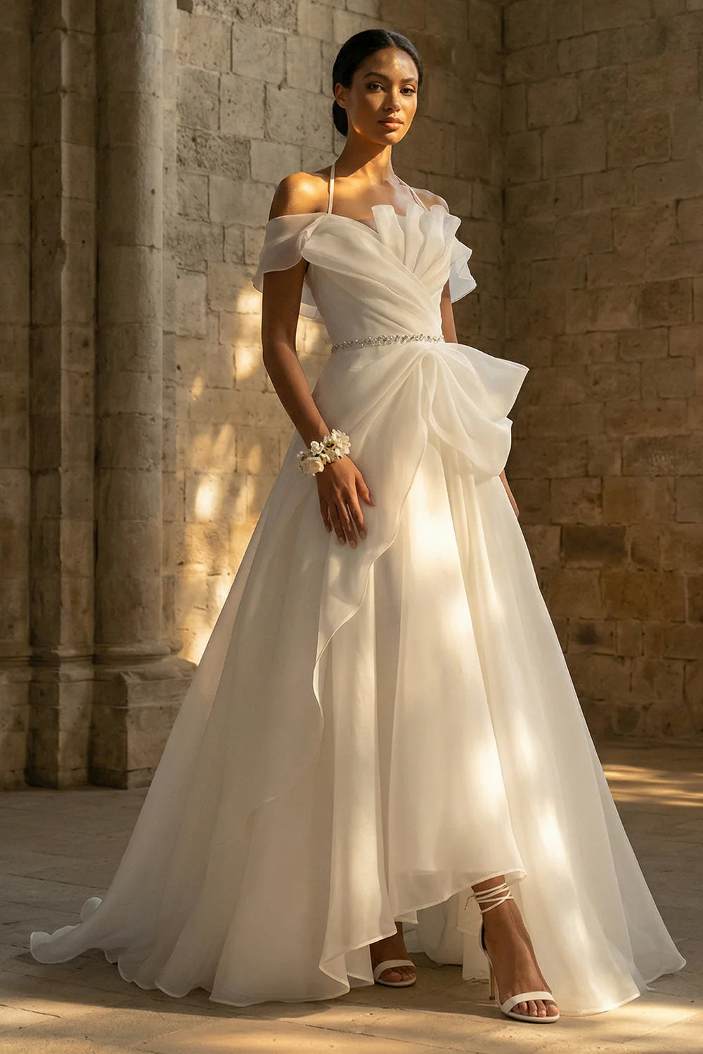 Elegant Off The Shoulder Halter Neck Beaded Waist Ruffled Tulle A Line Wedding Dress