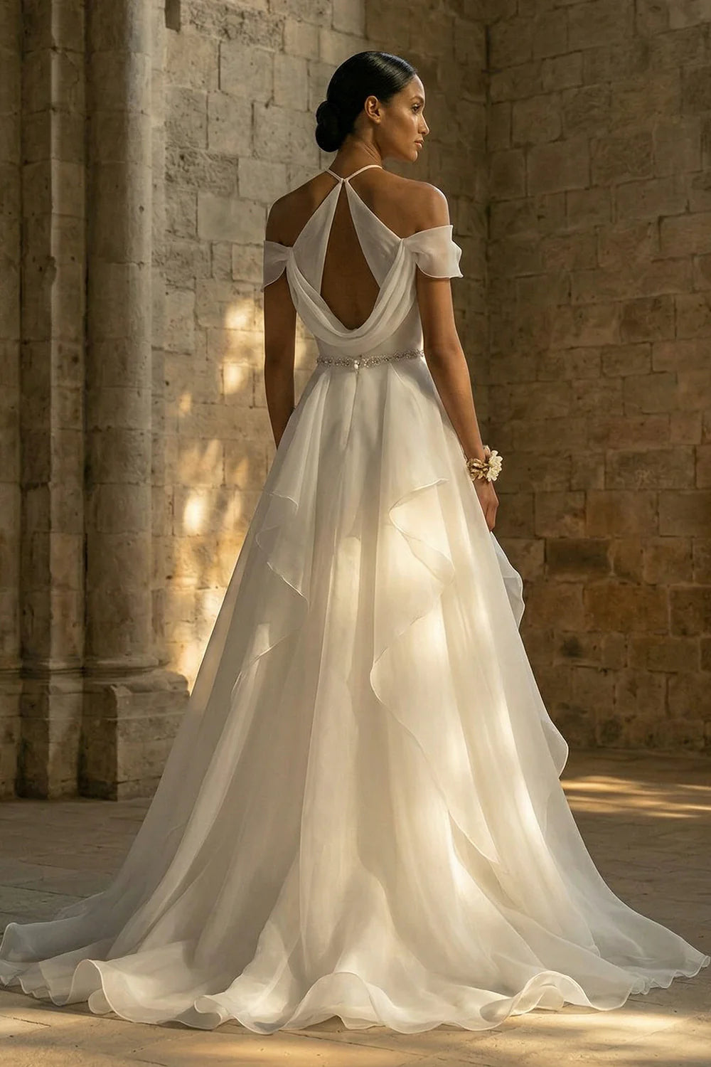 Elegant Off The Shoulder Halter Neck Beaded Waist Ruffled Tulle A Line Wedding Dress