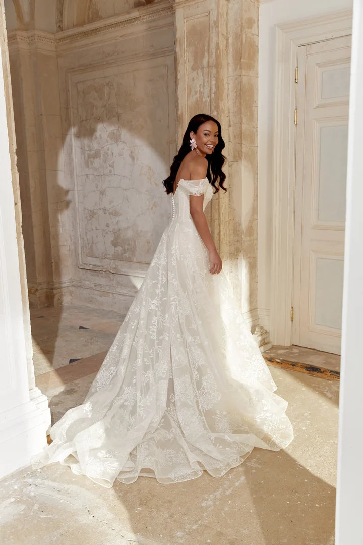 Elegant Off The Shoulder Sweetheart Neck Corset Bodice Floral Embroidered A Line Wedding Dress