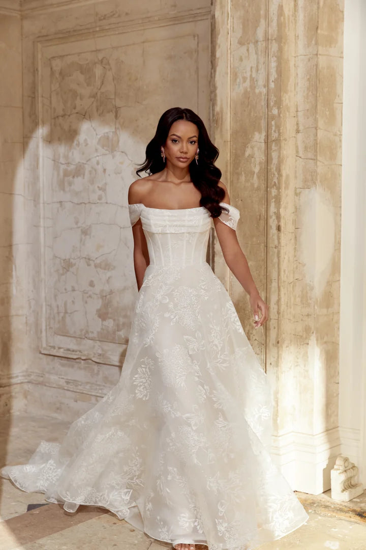 Elegant Off The Shoulder Sweetheart Neck Corset Bodice Floral Embroidered A Line Wedding Dress