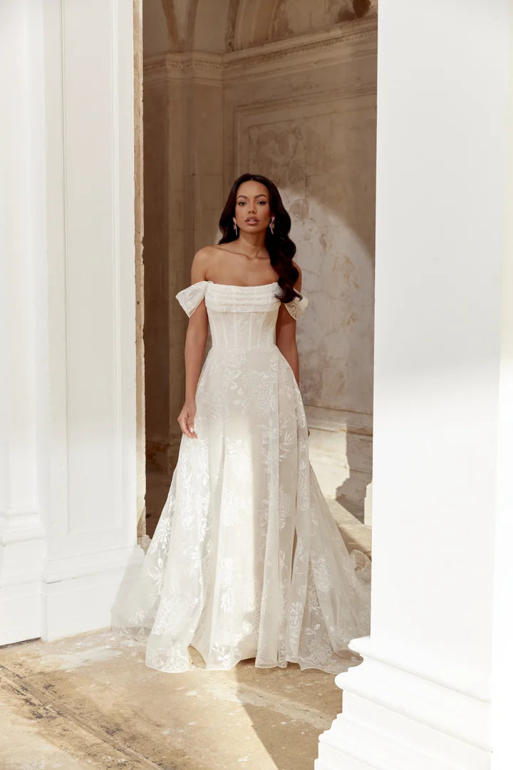 Elegant Off The Shoulder Sweetheart Neck Corset Bodice Floral Embroidered A Line Wedding Dress
